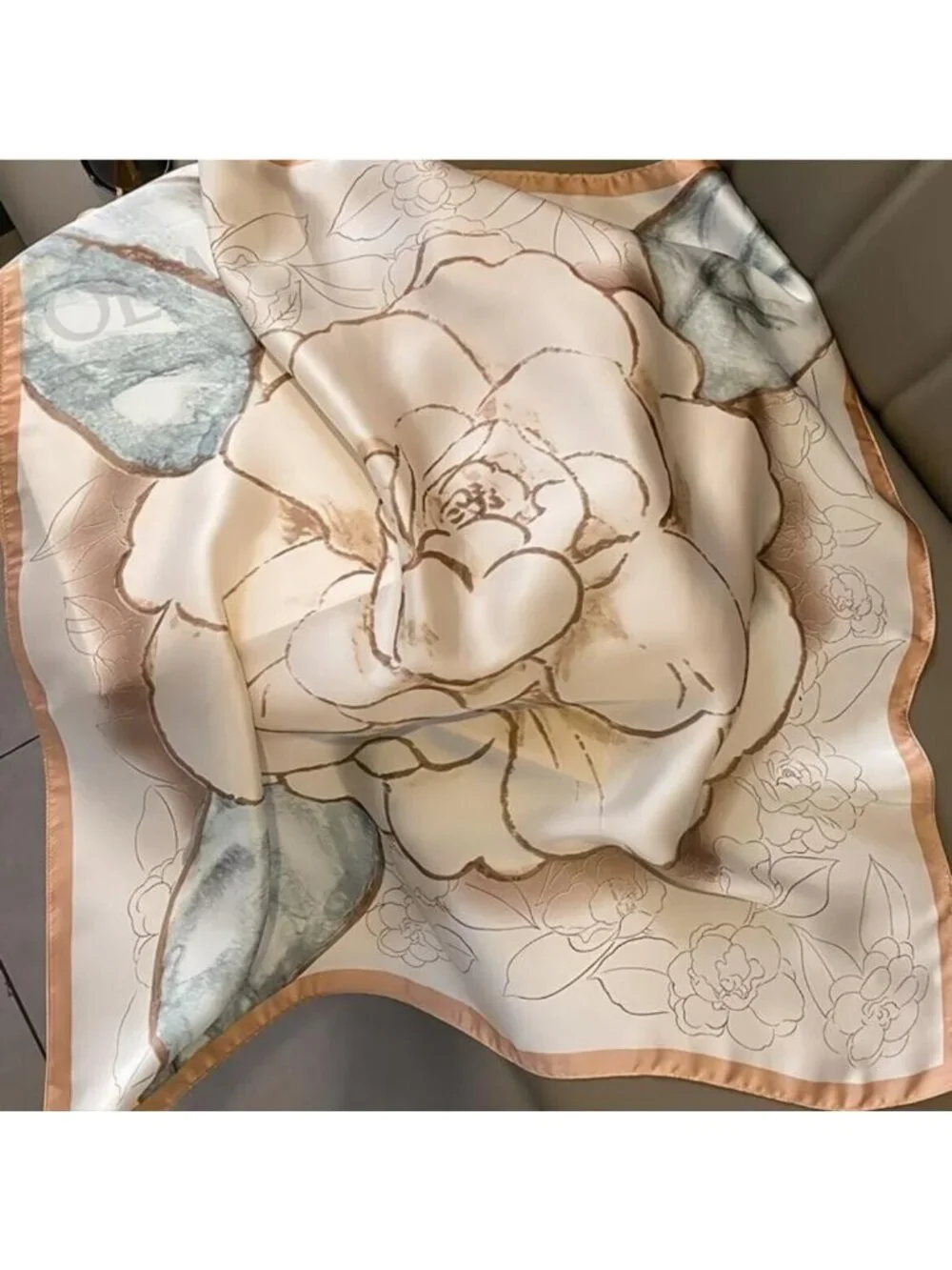 ✨Luxury Silky Square Scarf Beige Green Orange Tan Ginkgo Print Watercolor Wrap✨